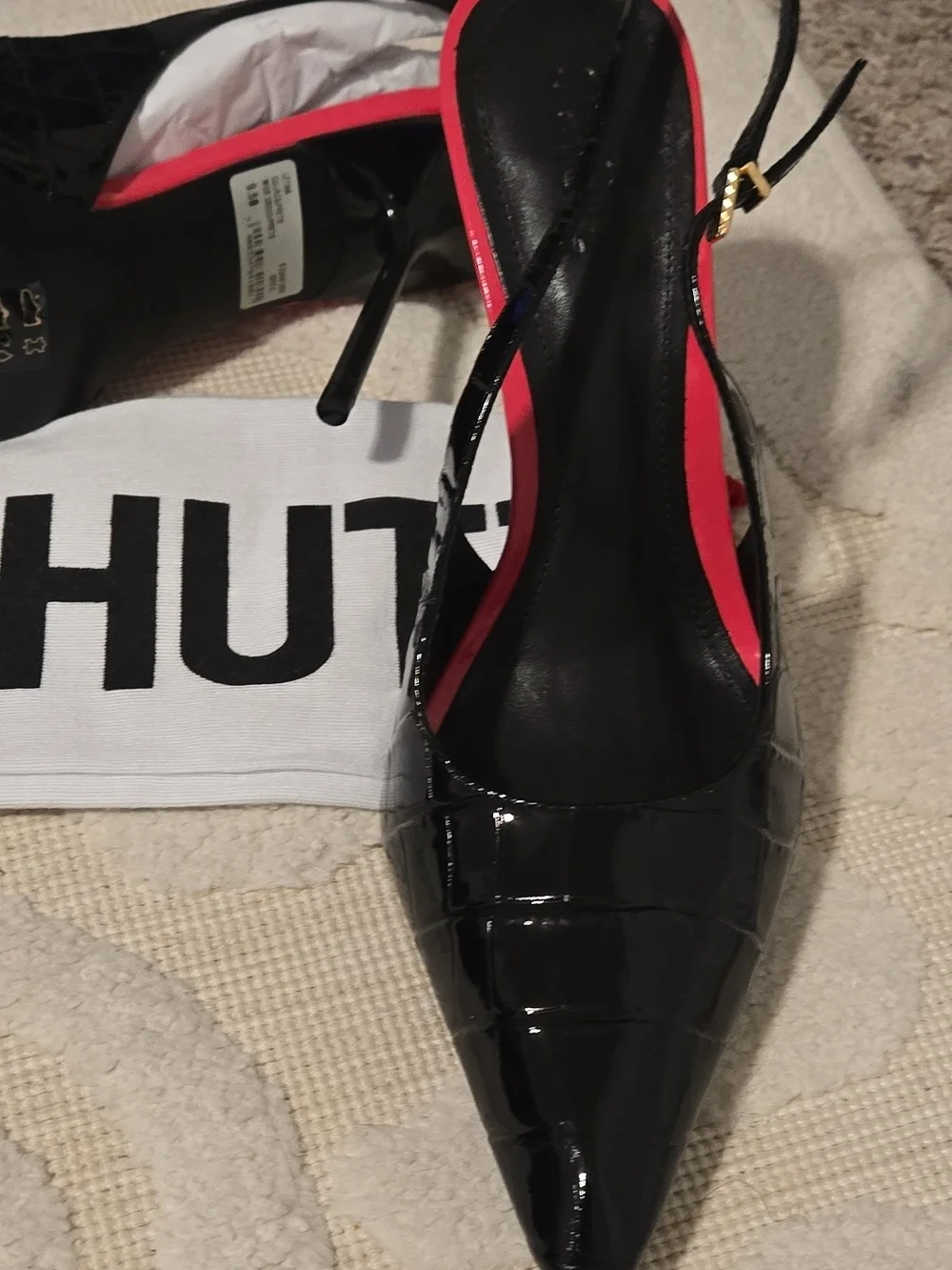 SCHUTZ Black Patent High Heel Sandals with Pink Accent